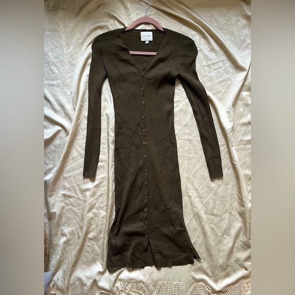 Pink Rose - Olive Ribbed Button Down Dress - Picture 1 of 6